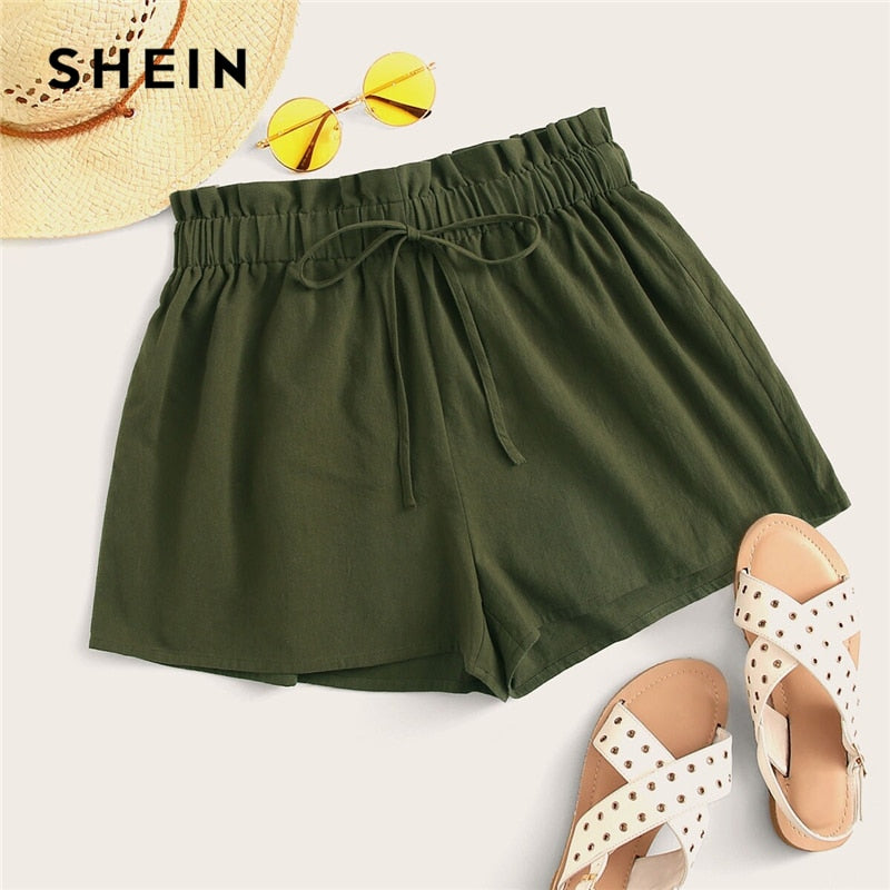 SHEIN Paperbag Waist Tie Front Shorts 2019 Casual Black Army Green Solid Women Loose Wide Leg High Waist Summer Shorts