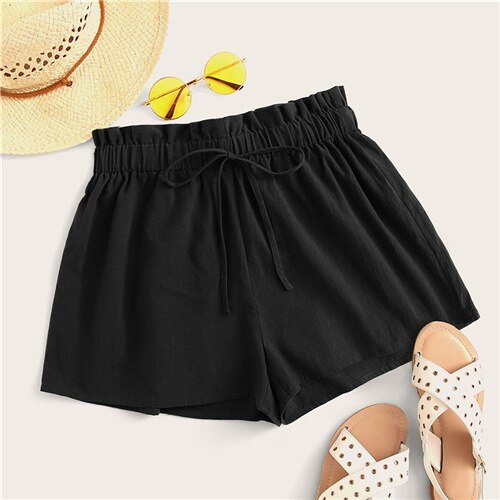 SHEIN Paperbag Waist Tie Front Shorts 2019 Casual Black Army Green Solid Women Loose Wide Leg High Waist Summer Shorts