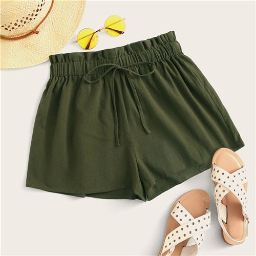 SHEIN Paperbag Waist Tie Front Shorts 2019 Casual Black Army Green Solid Women Loose Wide Leg High Waist Summer Shorts