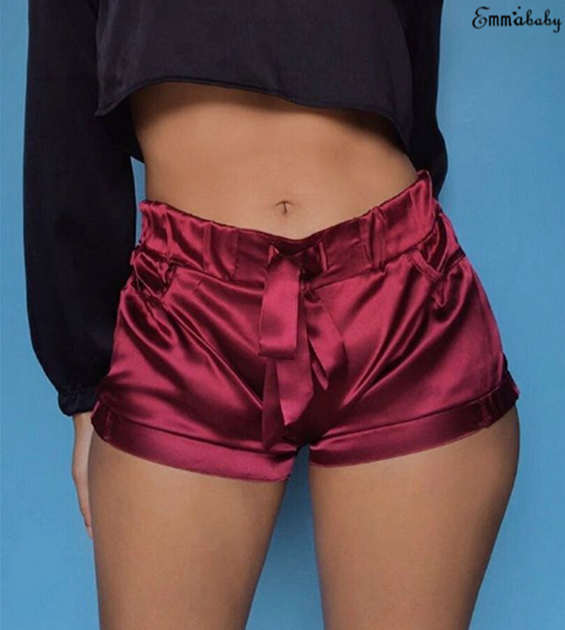 Soft Pink Silk Satin Shorts Women Sexy High Waist Bodycon Flannel Short Pants Pantalones Mujer Fitness Sleep Wear