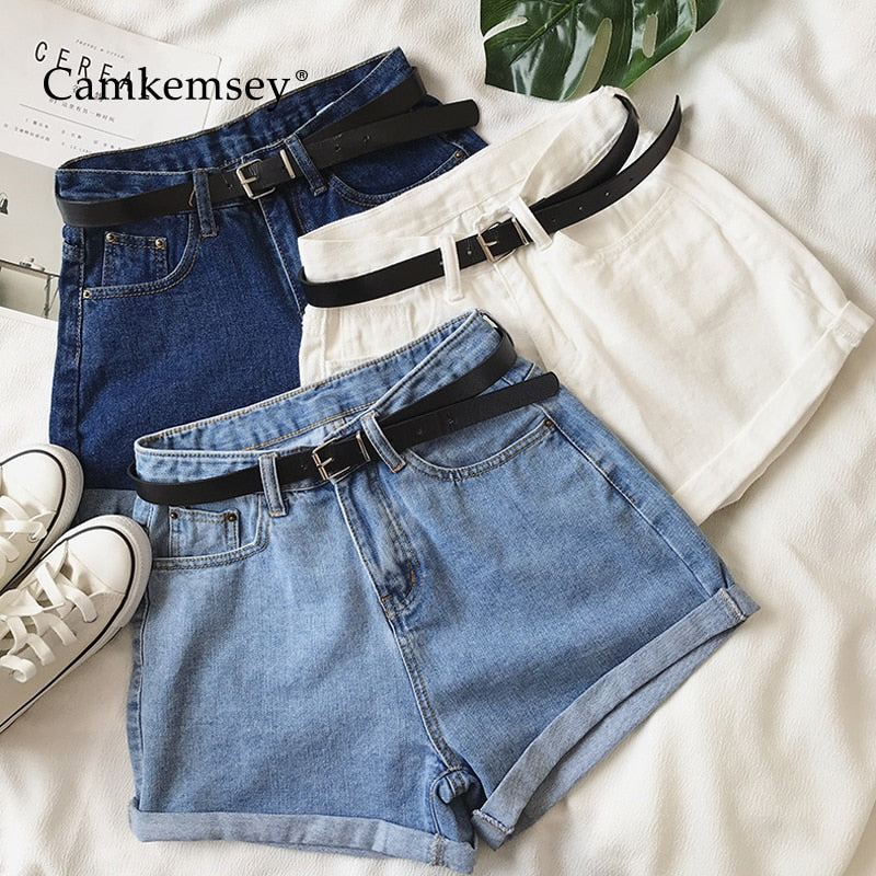 CamKemsey Hot Girls Summer Classic High Waist Denim Shorts 2019 Fashion Hemming Cuffed Casual White Blue Jeans Shorts With Belt