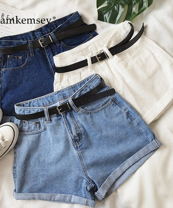 CamKemsey Hot Girls Summer Classic High Waist Denim Shorts 2019 Fashion Hemming Cuffed Casual White Blue Jeans Shorts With Belt