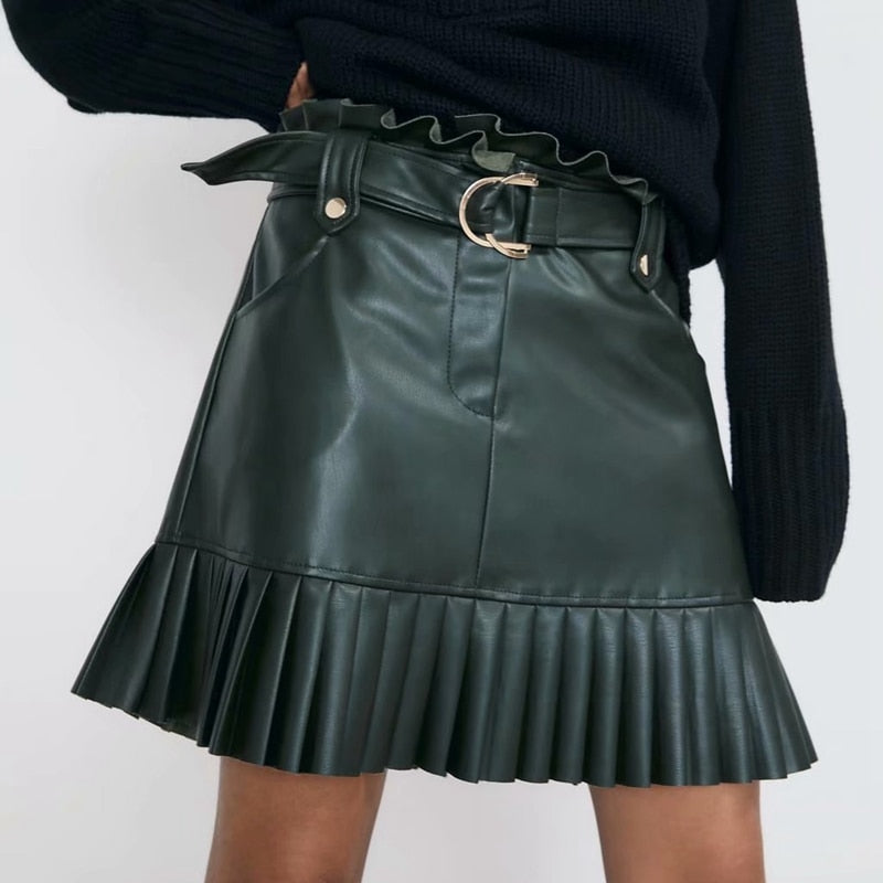 Ruffle high waist skirt mini sexy short skirts black Sash skirt elegant leather skirts women faux leather skirt with pockets