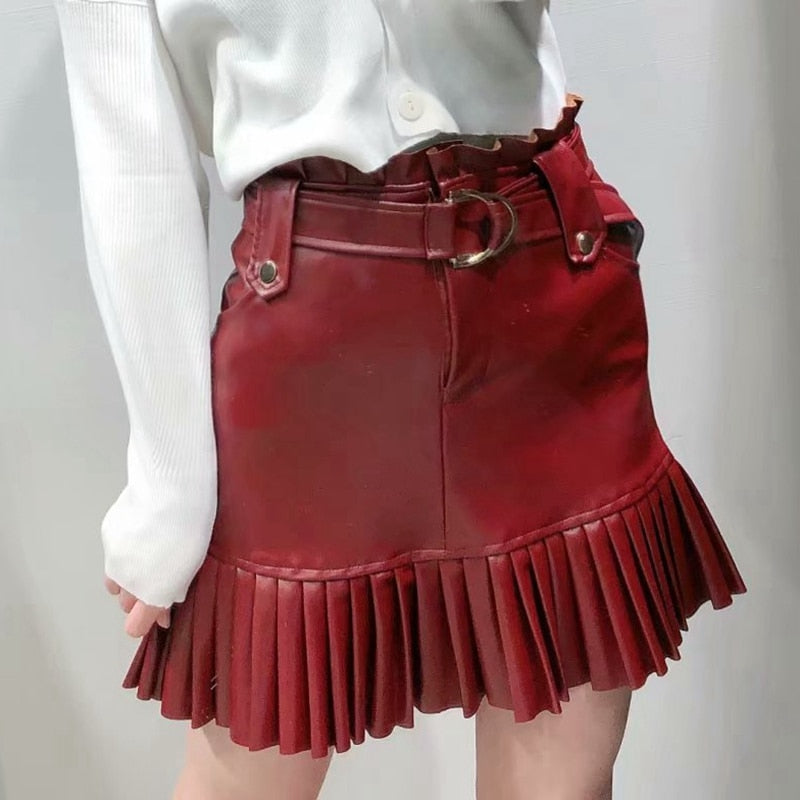 Ruffle high waist skirt mini sexy short skirts black Sash skirt elegant leather skirts women faux leather skirt with pockets