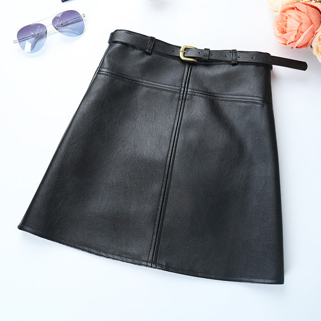 Include Belt  Winter A-Line PU Leather Skirt For Women High Waist Office Wear Skirts Plus Size Female Skirt with Belt