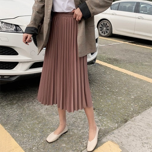 Surmiitro Elegant Solid Midi Pleated Skirt Women 2020 Spring Ladies Korean Red Black High Waist A-line School Long Skirt Female