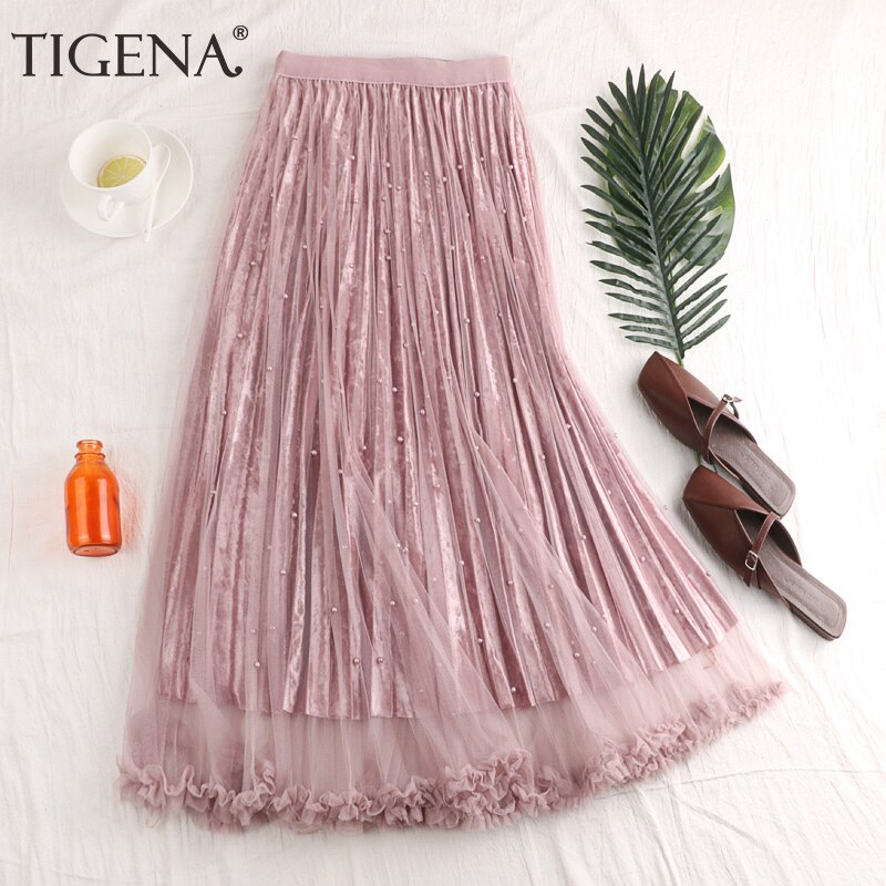 TIGENA Fashion Beading Tulle Velvet Skirt Women 2019 Spring Elegant Long Maxi Skirt Female High Waist Pleated Girls Skirt Pink