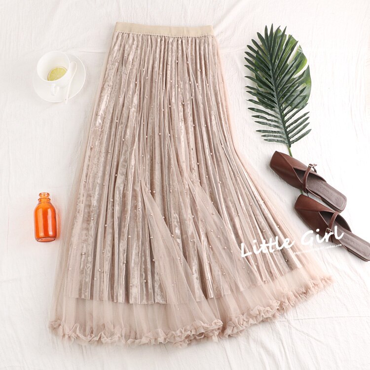 TIGENA Fashion Beading Tulle Velvet Skirt Women 2019 Spring Elegant Long Maxi Skirt Female High Waist Pleated Girls Skirt Pink