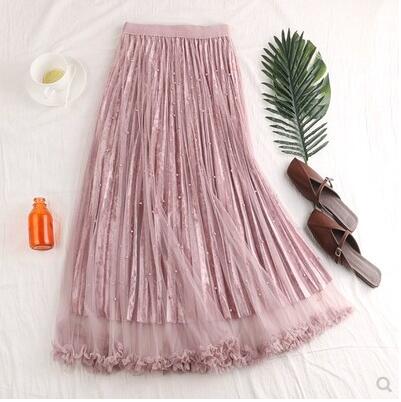 TIGENA Fashion Beading Tulle Velvet Skirt Women 2019 Spring Elegant Long Maxi Skirt Female High Waist Pleated Girls Skirt Pink