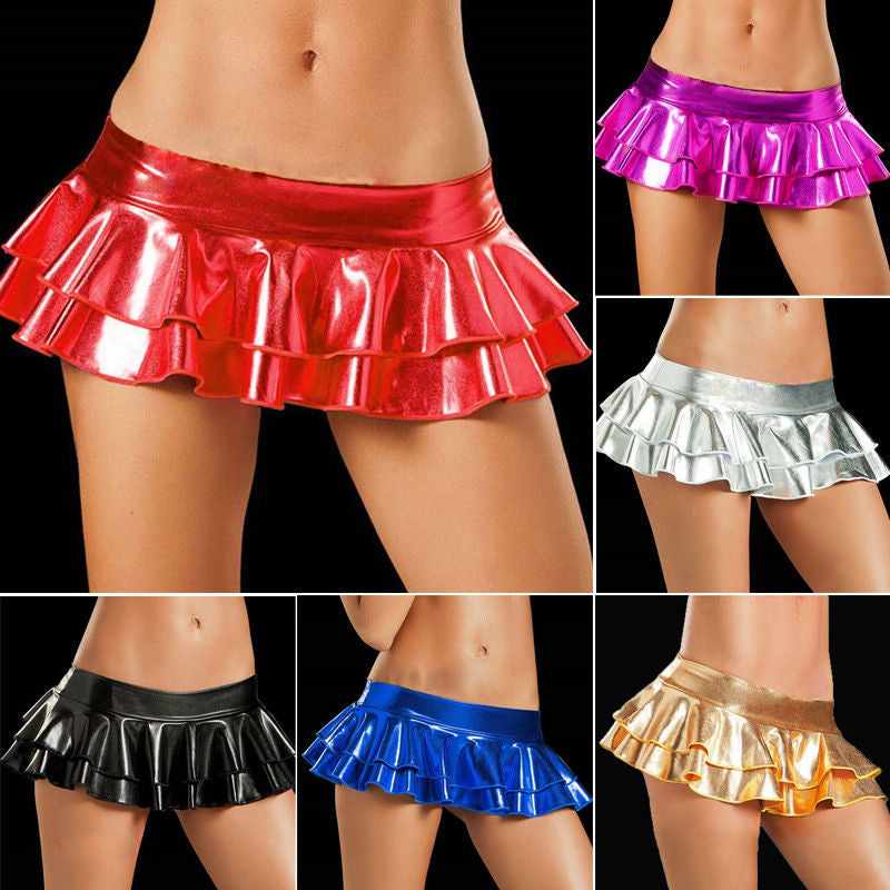 Sexy Women's Wet Looking Metallic Shiny Bodycon Faux Leather Micro Mini Party Clubwear Short Skirt