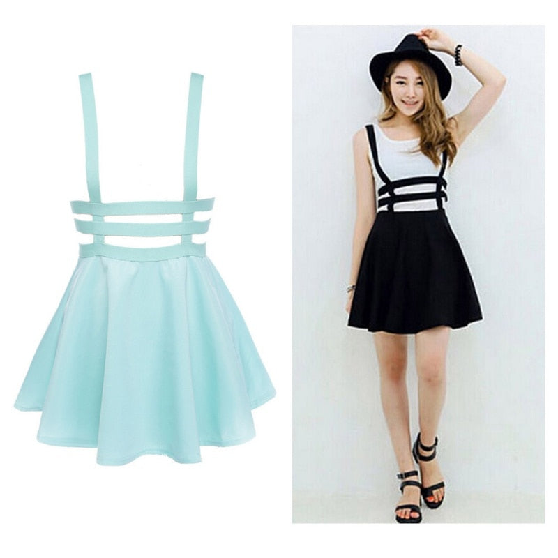 Retro Hollow Mini Skater Cute Women Suspender Clothes Straps High Waist Skirt