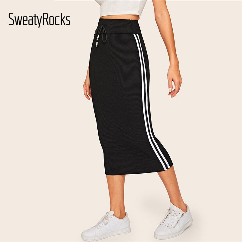 SweatyRocks Side Stripe Rib-knit Drawstring Waist Skirt For Women Black Solid Pencil Skirts Womens 2019 Summer Bodycon Skirt