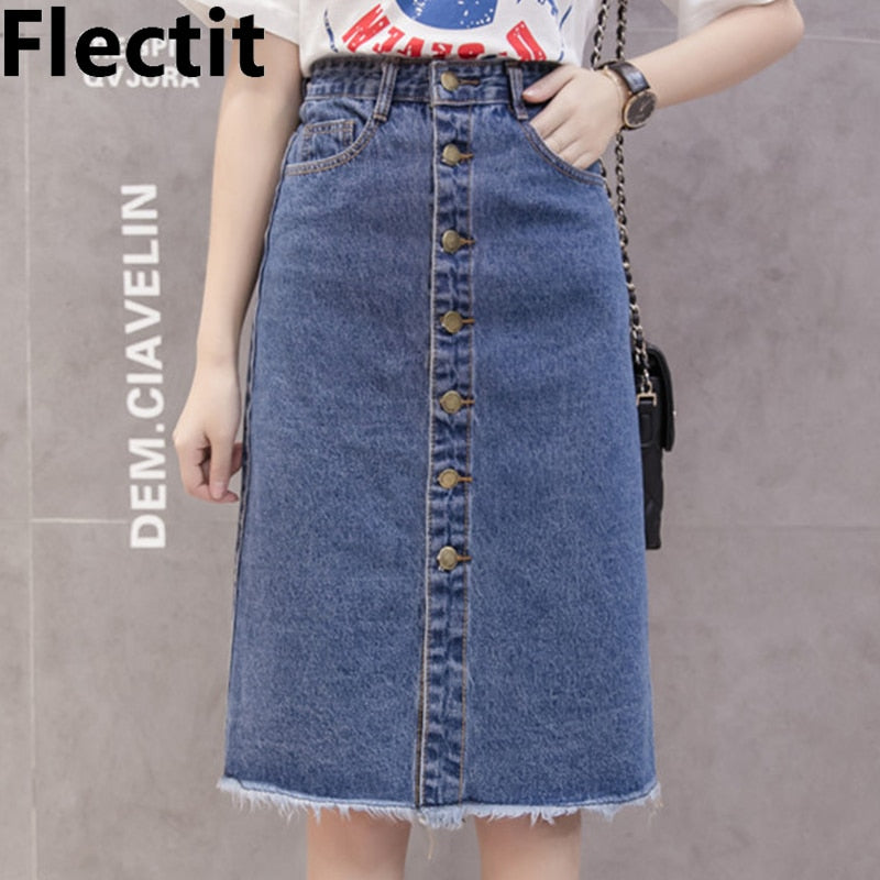 Flectit 2019 Button Front Midi Denim Skirt for Women Casual High Waist Fray Hem with Pocket Knee Length Jeans Skirt Female *