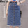 Flectit 2019 Button Front Midi Denim Skirt for Women Casual High Waist Fray Hem with Pocket Knee Length Jeans Skirt Female *