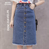 Flectit 2019 Button Front Midi Denim Skirt for Women Casual High Waist Fray Hem with Pocket Knee Length Jeans Skirt Female *