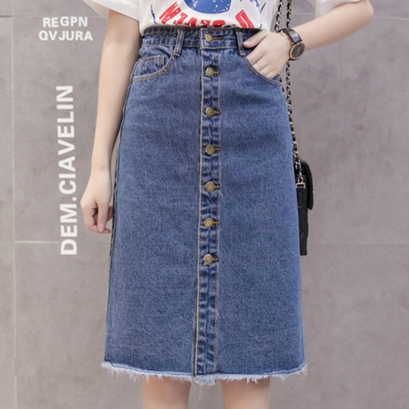 Flectit 2019 Button Front Midi Denim Skirt for Women Casual High Waist Fray Hem with Pocket Knee Length Jeans Skirt Female *