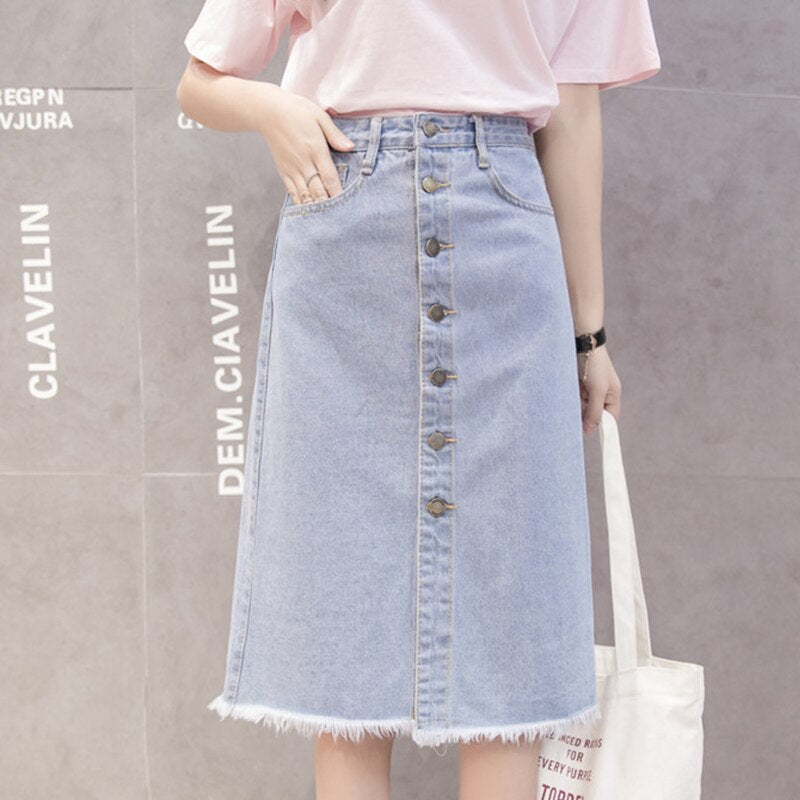 Flectit 2019 Button Front Midi Denim Skirt for Women Casual High Waist Fray Hem with Pocket Knee Length Jeans Skirt Female *