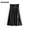 Women Vintage Faux Leather Skirt With Belt 2020 Elegant Office Ladies Black PU Midi Skirt Fashion Pleated Casual Ladies Skirts