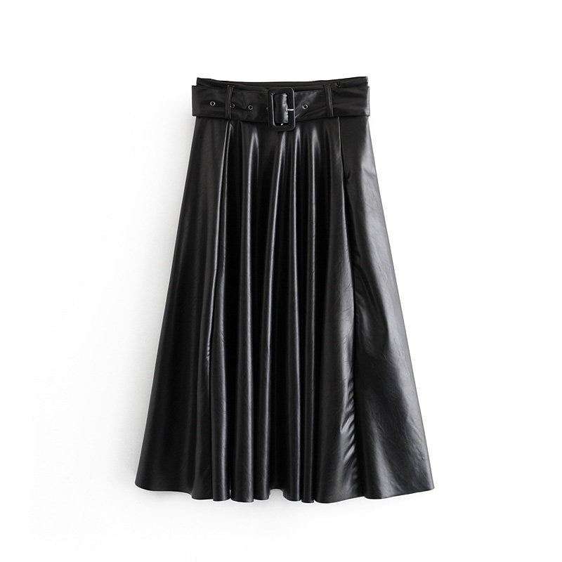 Women Vintage Faux Leather Skirt With Belt 2020 Elegant Office Ladies Black PU Midi Skirt Fashion Pleated Casual Ladies Skirts