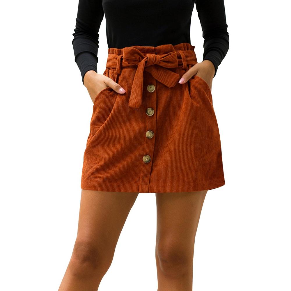 Lady's Corduroy Skirt New Fashion Hight Waist Pocket Button Bow Bodycon Elastic Short Skirt mujer moda 2020 H1