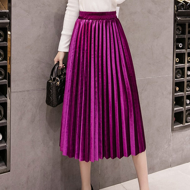 Pleated Women Skirts Velvet Large Swing Long Plus Size Skirts Faldas Saia Fashion Female Jupe