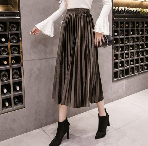 Pleated Women Skirts Velvet Large Swing Long Plus Size Skirts Faldas Saia Fashion Female Jupe