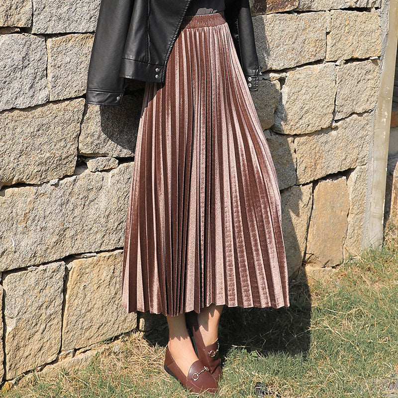 Gold velvet long skirt women fall winter 2020 new Korean Pleated female skirt high waist casual loose office a-line skirts