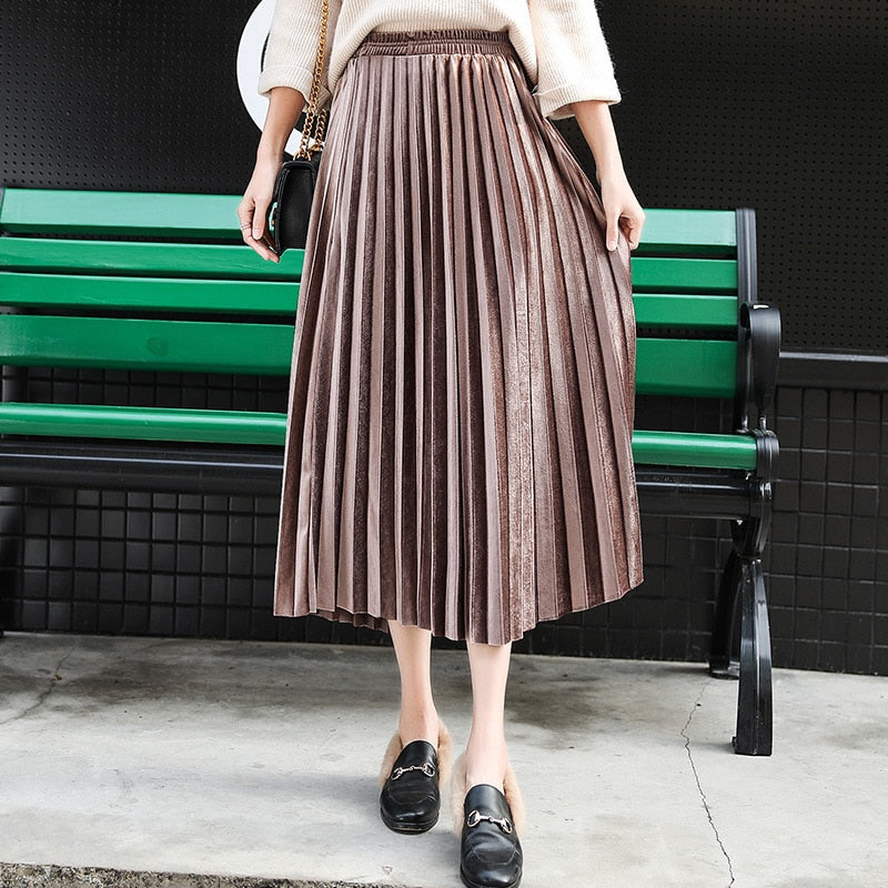 Gold velvet long skirt women fall winter 2020 new Korean Pleated female skirt high waist casual loose office a-line skirts