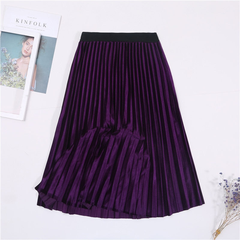 Ladies Vintage Autumn Winter Women Velvet Skirt High Waisted Elegant Sexy Skinny Black Pleated Skirts Female Maxi Skirts Womens