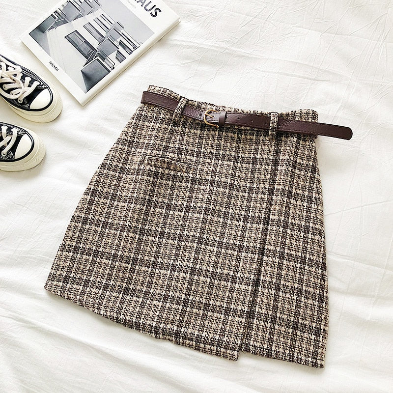 Korean Irregular Lady Skirt Female Autumn Sweet High Waist A-line Mini Skirt Vintage Casual Women Plaid Skirt Chic Sashes