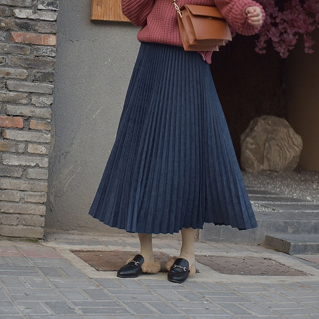 2019 Two Layer Autumn Winter Women Suede Skirt Long Pleated Skirts Womens Saias Midi Faldas Vintage Women Midi Skirt