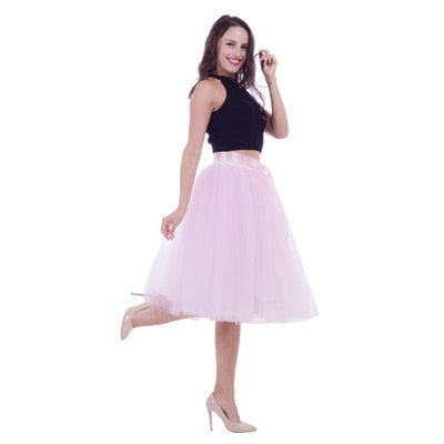 5Layers 65cm Summer vintage skirts women Elastic High Waist tulle mesh Petticoat Pleated tutu skirt women Saias midi faldas jupe