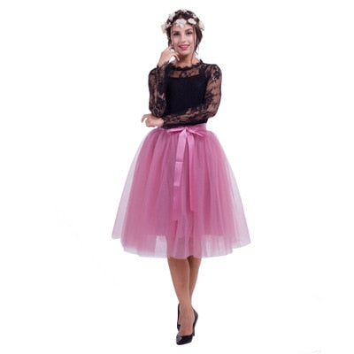 5Layers 65cm Summer vintage skirts women Elastic High Waist tulle mesh Petticoat Pleated tutu skirt women Saias midi faldas jupe