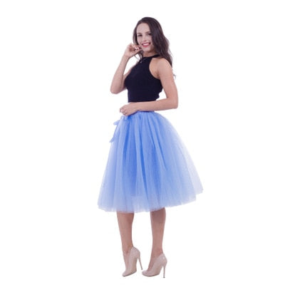 5Layers 65cm Summer vintage skirts women Elastic High Waist tulle mesh Petticoat Pleated tutu skirt women Saias midi faldas jupe