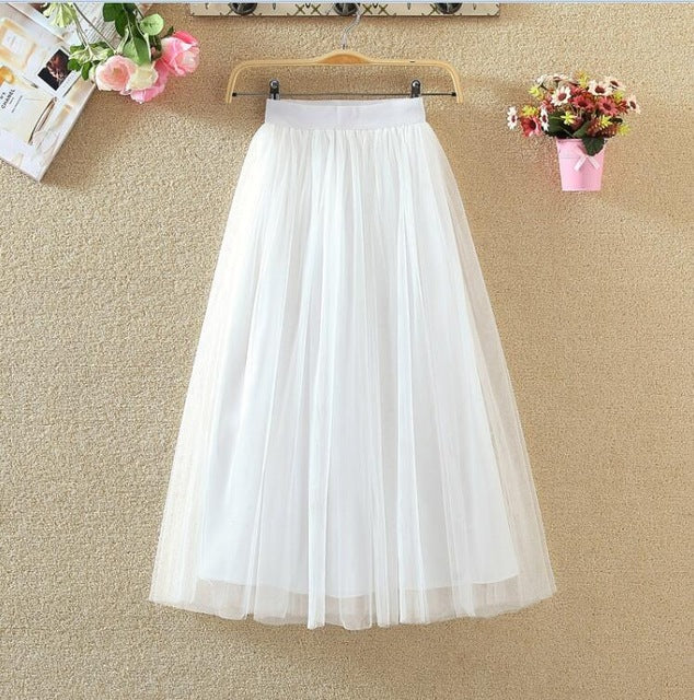 OHRYIYIE 2020 Spring Summer Vintage Skirts Womens Elastic High Waist Tulle Mesh Skirt Long Pleated Tutu Skirt Female Jupe Longue