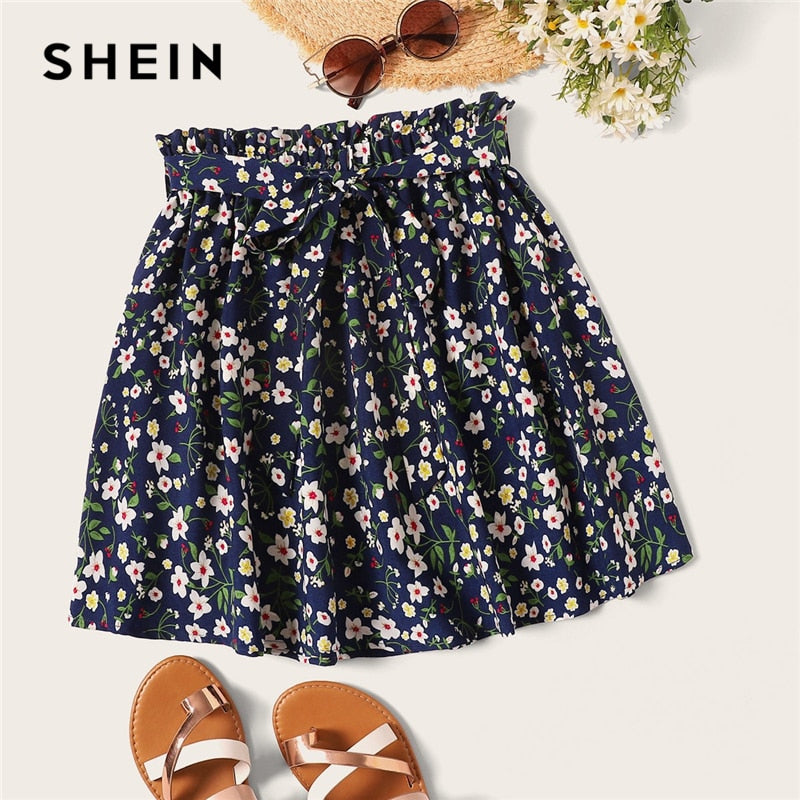 SHEIN Boho Navy Ditsy Floral Print Paperbag Waist Belted Flared Skirts Womens Summer 2019 Casual Frilled Pleated Mini Skirt