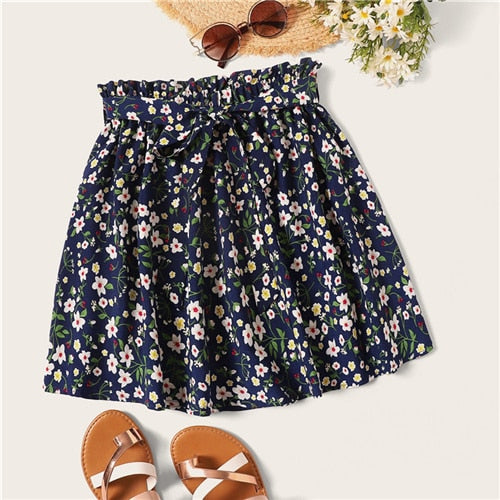 SHEIN Boho Navy Ditsy Floral Print Paperbag Waist Belted Flared Skirts Womens Summer 2019 Casual Frilled Pleated Mini Skirt