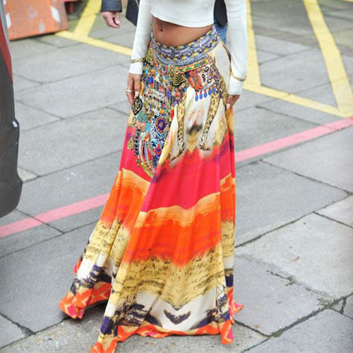 Jessie Vinson Summer Beach Plus Size Bohemian Vintage Style Loose Long Skirt Elastic Waist Ice Silk Print Maxi Skirt for Women