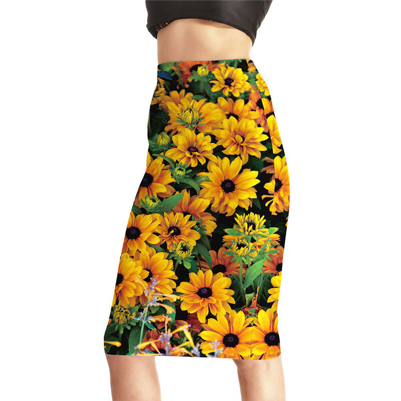 New Arrival Summer Skirt Women 3d Yellow Daisy Print Mid Length Tight Skirts Female Polyester Package Hip Skirts S-4XL Dropship