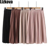 2020 Spring High Waist Pleated Skirt Women Black Causal Midi Skirts Plus Size Elastic Waist