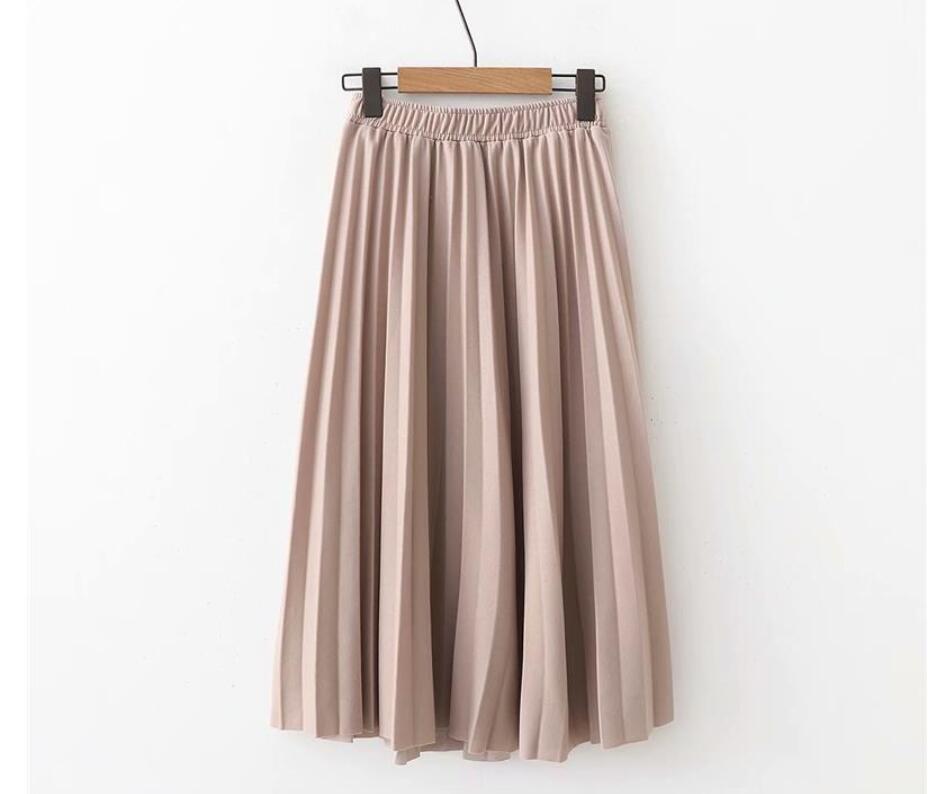 2020 Spring High Waist Pleated Skirt Women Black Causal Midi Skirts Plus Size Elastic Waist