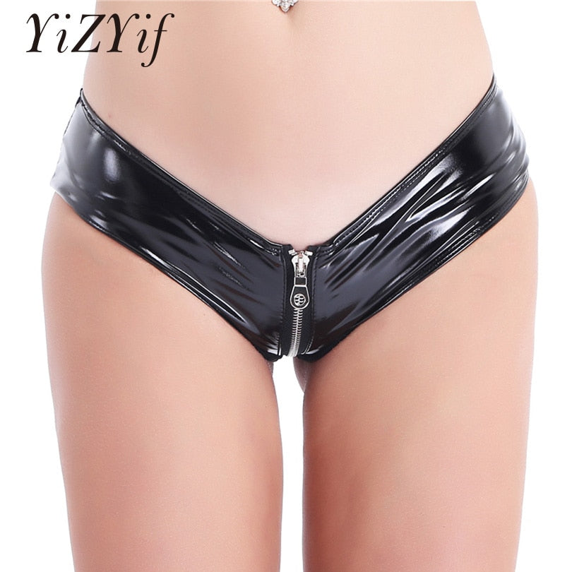 YiZYiF Sexy Women Open Crotch Fetish crotchless panties Latex Shorts Women Sexy Shorts Mini Shorts Zipper Open Crotch Shorts