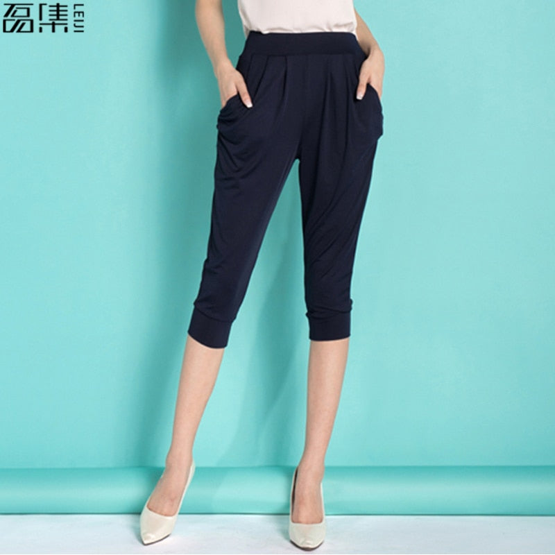 2019 Summer Harem pants Casual High Waist Calf Women Plus Size   Soft Milk Silk  Elastic Capri Female    6XL 7XL 8XL