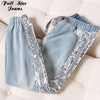 Plus Size Side Sequins Ankle Length Jogger Jeans 3Xl 4Xl Spring Summer Chi Lady Light Blue Elastic Waist Capris Jean Denim Pants