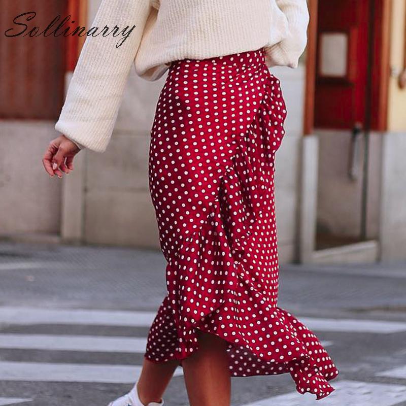 Sollinarry Polka Dot Wrap Ruffle Summer Skirt Women 2019 New Fashion Red Office Sexy Skirt Female High Waist Sash Skirts Elegant