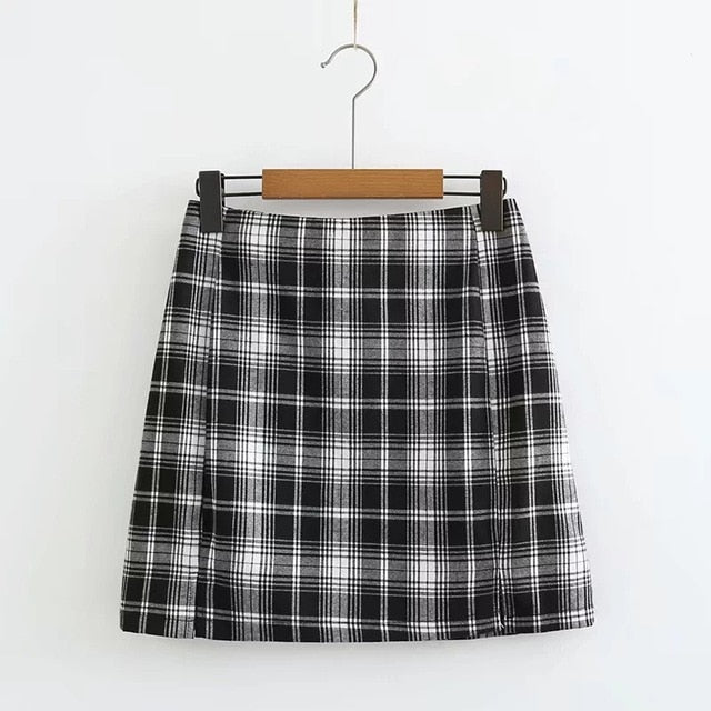 Women White and Black Plaid Print Mini Skirt with Two Small Front Slits