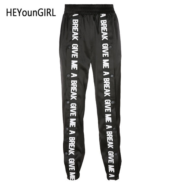 HEYounGIRL Split Casual Loose Black Pants Capris Elastic High Waist Trousers Women Letter Print High Street Sweatpants Joggers